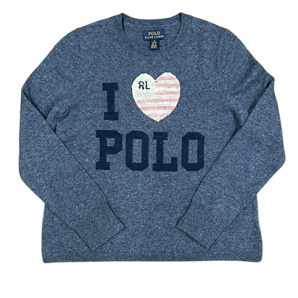 Polo Ralph Lauren Sweater Girls Blue I Heart USA flag Polo Pullover Size M 8-10 - Picture 2 of 13